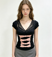 Chemisier décontracté pour femme, col en V, manches courtes, dentelle, orné de perles, nœud rose, coupe ajustée, découpe frontale, style doux
