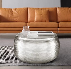 Aluminium Round Hammered Brass Drum <b>Side</b> <b>Table</b> and Coffee <b>Table</b> Container Lid Removable for Bedroom Living Room Contemporary - Product Image 4