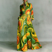 Robes longues à taille haute, manches longues, couleur contrastée, poches plissées, imprimées, col montant
