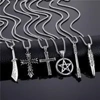 Stainless Steel Mens Metal cross Pendant Necklaces Hip Hop Star bullet Pendant Long Chain Sweater Necklace
