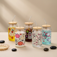Mug en verre borosilicate en forme de canette pour café, bière, cola, avec couvercle en bambou et paille, idéal pour les fêtes et Halloween, cadeau