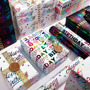 Vente en gros de 80g Papier d'art d'anniversaire Holo Hotstamping 43*300cm Rouleau de papier d'emballage d'emballage pour cadeau de luxe personnalisé - Product Image 6