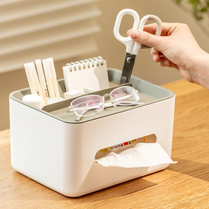 Caja de pañuelos multifuncional, organizador de almacenamiento de escritorio de plástico rectangular con soporte para teléfono para oficina, dormitorio, sala de estar - Product Image 1
