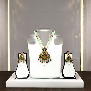 Elegante Juego de Collar con Cuentas Plateadas y Perlas Verdes y Rosas, Colgante Tradicional Chapado en Oro y Pendientes a Juego para Novias - Product Image 3