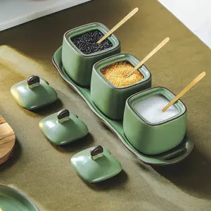 Nordic ceramic seasoning jar with lid spoon, household seasoning box three-piece set with tray, kitchen salt and pepper jar
