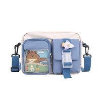 Tas Selempang Kanvas Gaya Korea Ita Kawaii dengan Pin, Ritsleting, Karakter Lucu, Tas Bahu Fashion untuk Wanita