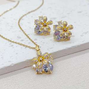 2 unids/set alta calidad 18K chapado en oro flor pendiente collar conjuntos joyería circón collar y pendiente conjunto para mujer - Product Image 5