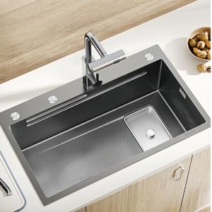 Fregadero de cocina grande de un solo tazón con lavabo integrado de acero inoxidable 304, multifuncional, con relieve de grano de arroz - Product Image 1