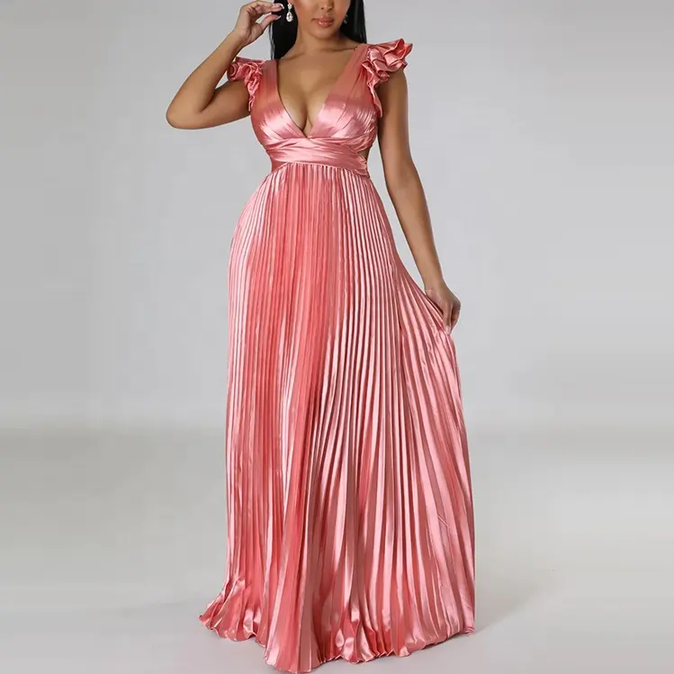Benutzer definierte Designer Mode weibliche Sommer Großhandel Dame lange Maxi Plissee Frauen Kleid elegant