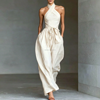 Combinaison Halter Femme Dos Nu Croisé Devant Jambes Larges Ceinture à Nouer Élégante Une Pièce Personnalisable Logo Été