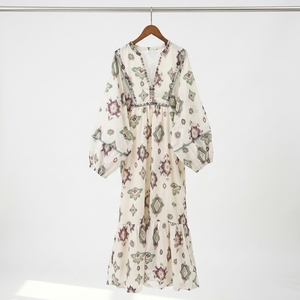 Vestido Maxi Holgado de Estilo Bohemio para Mujer, Estampado de Acuarela Verde, Cuello en V, Manga Larga, para Vacaciones de Verano - Product Image 6