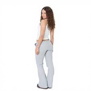 Women's Gray Fleece Wide Leg Sweatpants Mid <b>Waist</b> Drawstring Casual Full Length Loose Fit Solid Color Autumn Wear - Product Image 2