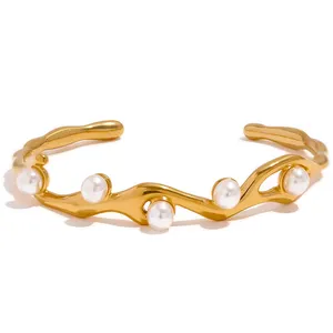 1779 Elegant Artificial Pearls Gold Color Stainless Steel Twist Cuff Bracelet Bangle Waterproof Charm Jewelry for Women