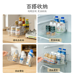 Kitchen Storage Basket With <b>Wheels</b> Rectangle Shape For <b>Fridge</b> Organizer Snack Divider With Handle - Product Image 4