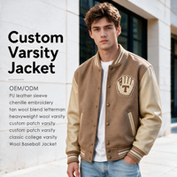 Veste universitaire classique en laine enduite de couleur beige avec manches en cuir PU, broderie de patch en chenille, lettres personnalisées