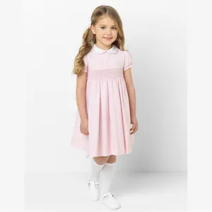 Summer High Quality Wholesale Cute Pink Turn-down Collar Short Sleeve Flowers Girls Dresses