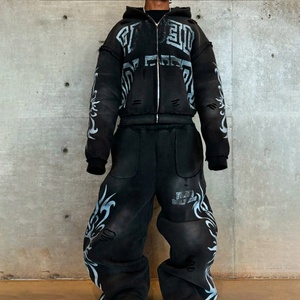 Ensemble de survêtement personnalisé de haute qualité pour homme, comprenant un sweat à capuche zippé et un pantalon de jogging, coupe oversize, en tissu épais, effet délavé soleil - Product Image 5