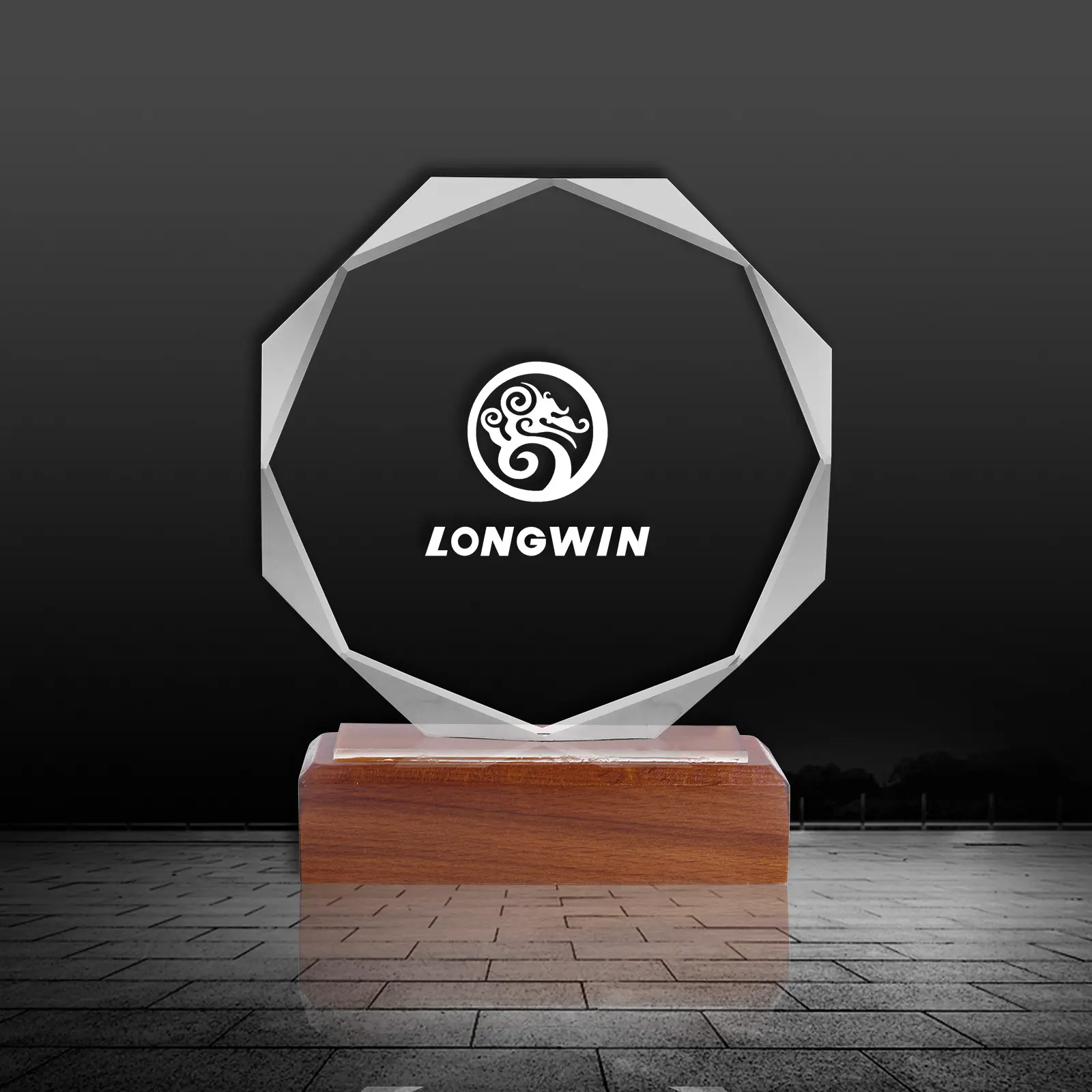 Custom Business Gift Solid Shield Wooden Base Crystal Award Acrylic Trophy Blank