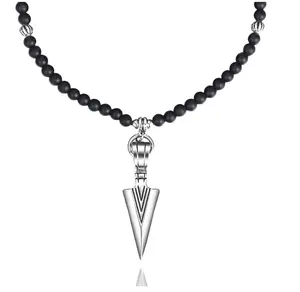 Fashion Jewelry Stainless Steel Arrow Pendant Natural Onyx Stone Beaded Beads Men Necklace