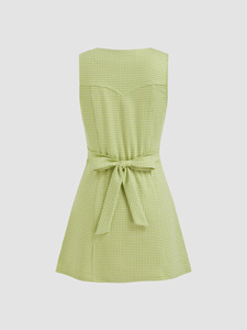 Abito lungo estivo in maglia a scollo a V senza maniche, fantasia scozzese, con lacci, vestito maxi/mini da donna - Product Image 5