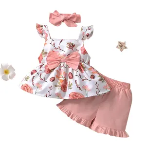 Nieuwe Meisjes Mouwloze Bloemen Mooie Top Pure Kleur Shorts Driedelig Pak Baby Meisjes Kleding Sets 1-4 Jaar