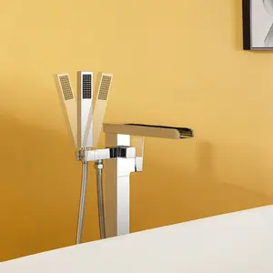 Brass Chrome Waterfall Square Floor Mounted Free Standing Bath Tub Bathtub Mixer Tap Faucet Shower Set With brass body