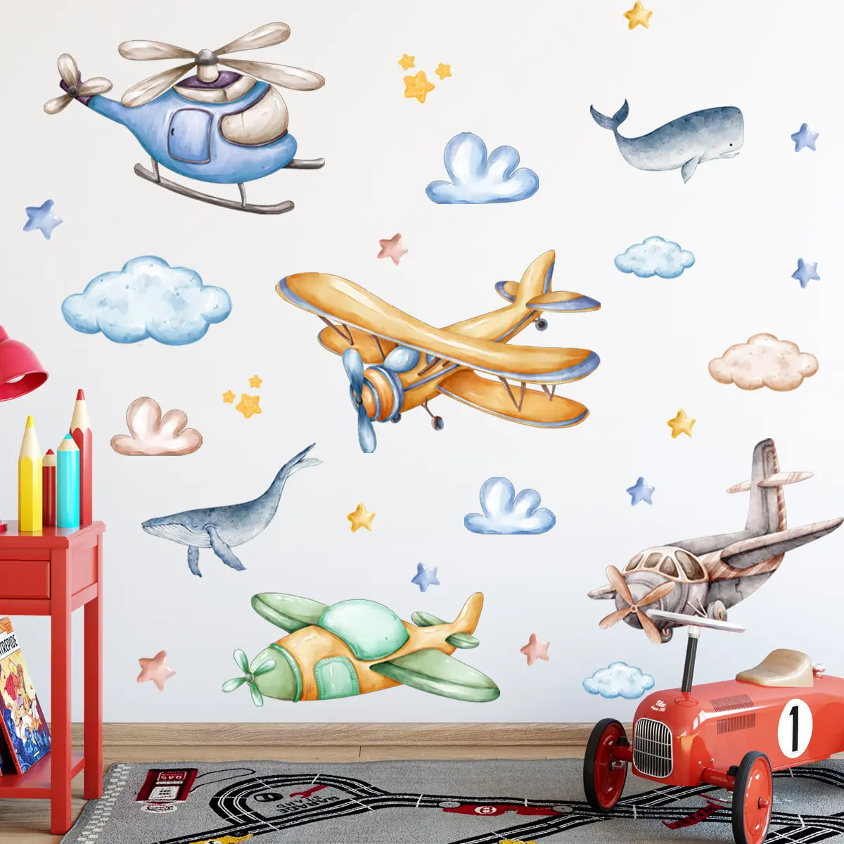 Cartoon Airplane Removable Wall Stickers Whale Decals Cloud Wall Decors for Boys Bedroom Decoration