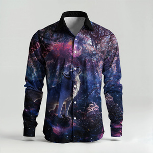 <span class=keywords><strong>Camicia</strong></span> Casual da <span class=keywords><strong>uomo</strong></span> Starlit Sky Casual primavera monopetto con risvolto ampio stile <span class=keywords><strong>camicia</strong></span> da lavoro comoda pittura a olio di lupo - Product Image 3