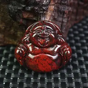 Batu Giok Merah Liontin Buddha Batu Darah Ayam Kalung Buddha Tertawa Liontin untuk Pria dan Wanita