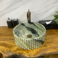 Aquarius AQ969G Nouveau design Évier de comptoir cannelé incurvé écologique en marbre vert pour salle de bain Garantie de 5 ans et plus Montage supérieur