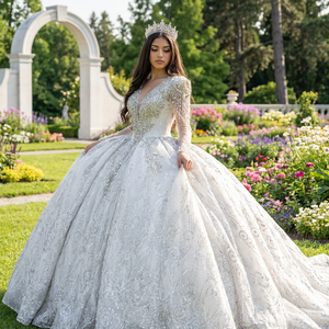 Vestido de Novia Wx358, Vestido de Boda de Lujo con Lentejuelas y Encaje, Cuello en V, Mangas Largas, Estilo Princesa Jancember - Product Image 1