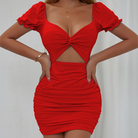 2024 femmes à manches courtes solide Mini robe femmes Sexy pansement col bas classique robe moulante