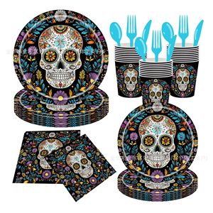 Halloween Skull Flower Themed <b>Disposable</b> Tableware Set Party Supplies Paper <b>Plates</b> Cups Napkins Cutlery Kit - Product Image 1