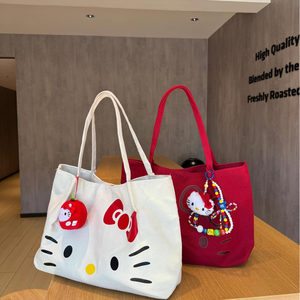 Новая модель для Hello Kitty, модная Холщовая Сумка-тоут на молнии, ручная сумка на плечо, вместительная Студенческая женская сумка - Product Image 4