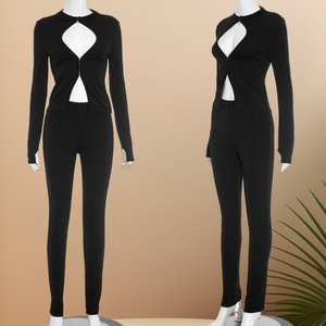 Viviblook D25ST363 새로운 여성 의상 <span class=keywords><strong>2</strong></span> 개 세트 가을 중공 후크 및 루프 탑 지퍼 바지 섹시한 꽉 <span class=keywords><strong>2</strong></span> 개 세트 여성용 - Product Image 3