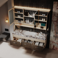 Meuble-lavabo de salle de bain moderne suspendu avec plateau en pierre frittée, ensemble de meuble en bois massif, miroir LED intelligent, lavabo simple ou double