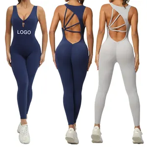 Custom Logo Women Sport Training Wear backless Gym Fitness Sets workout seamless sexy jumpsuits for women open back club outfit