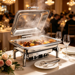 Plat <span class=keywords><strong>de</strong></span> service carré en acier inoxydable Oulu avec couvercle en <span class=keywords><strong>verre</strong></span> visible, chauffe-plat <span class=keywords><strong>de</strong></span> buffet pour hôtel, mariage, restaurant - Product Image 3