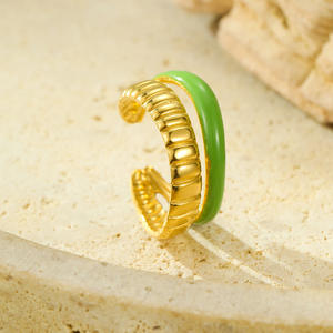 2025 vert huile dégoulinant Double couche creux anneau ouvert pour les femmes Texture 18k plaqué or acier inoxydable émail anneau - Product Image 2