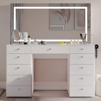 Table de toilette moderne européenne blanche à 11 tiroirs avec miroir spacieux, éclairage et prise de courant intégrée, MOQ 100