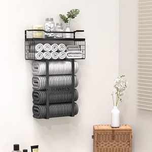 Porte-serviettes de salle de bain avec étagères, fixation murale, noir, 3 niveaux, pour serviettes et articles de toilette - Product Image 2
