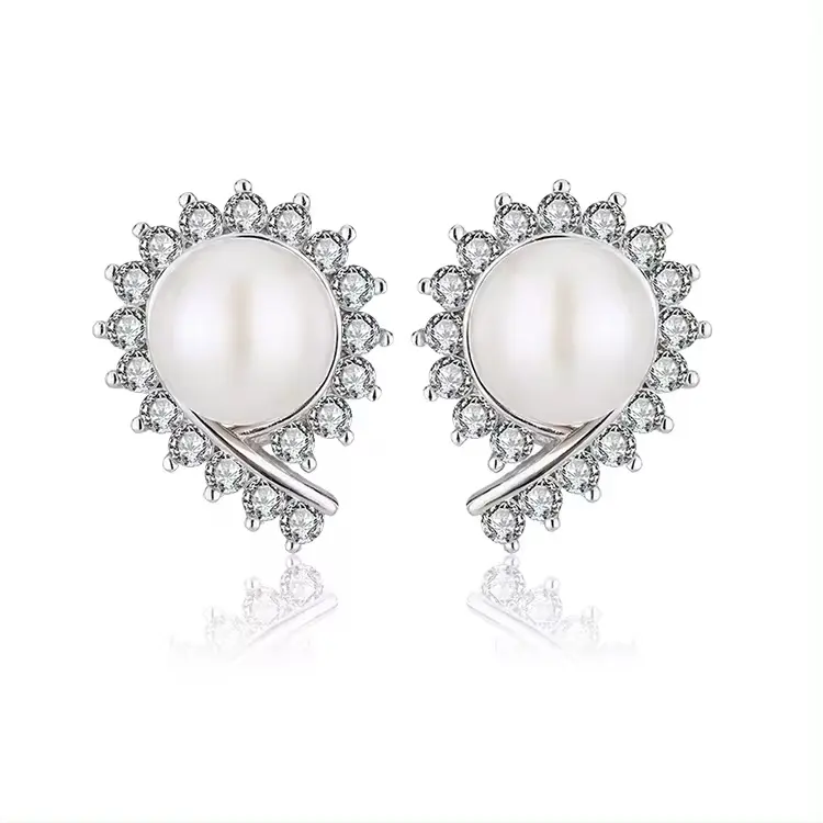 Custom Mode Sieraden Luxe Natuurlijke Zoetwater Witte Parel 925 Sterling Zilveren Diamanten Oorknopjes Voor Dames