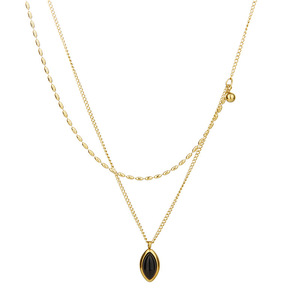 Vintage Oval <b>Black</b> Pendant Necklace | 18K PVD Gold Stainless Steel Curb <b>Chain</b> and Elongated Metal Bead <b>Chain</b> Layered Jewelry - Product Image 2