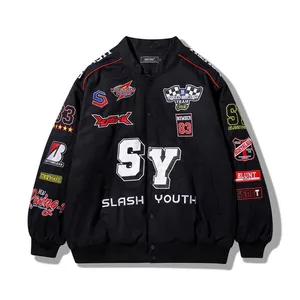 ストライプレトロ刺Embroideredパッチブラックレーシングスーツハイストリートヒップホップモーターサイクルスーツレーサージャケット男性用