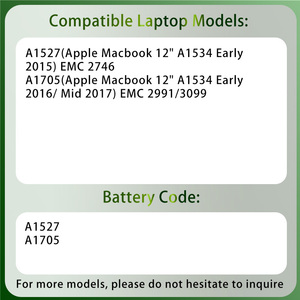 <span class=keywords><strong>Batterie</strong></span> d'ordinateur portable de <span class=keywords><strong>remplacement</strong></span> A1527 A1705 pour <span class=keywords><strong>Macbook</strong></span> 12 pouces A1534 début 2015 début 2016 mi-2017 <span class=keywords><strong>Batterie</strong></span> Li-Polymère pour ordinateur portable - Product Image 2