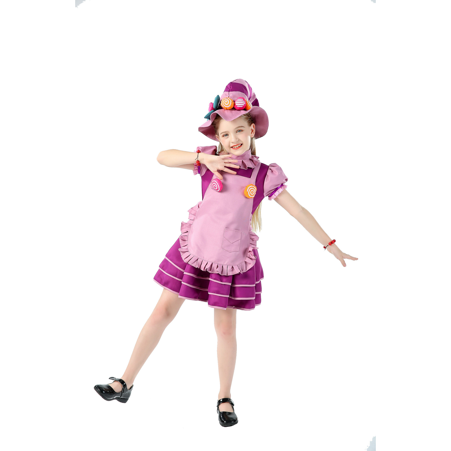 2168 Sombrero, ropa, delantal, bufanda, 2 pulseras y bolso de hombro morado para niños