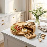 Ensemble de planches à fromage rondes pivotantes en bambou écologique avec tiroir à couteaux 3-en-1 pour charcuterie, idéal pour les fêtes et comme cadeau