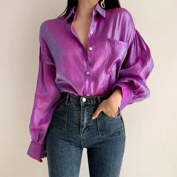 2022 New Arrival Solid Color Long Sleeve fashionable turn down collar Blouses elegant women
