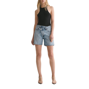 Kadınlar için OEM yüksek bel çapraz bel kot şort düz gevşek Fit nefes yıkanmış yaz rahat tarzı özel Logo Vintage - Product Image 2