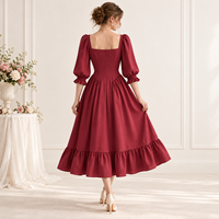 Robe midi personnalisée pour femme, légère, tissée, avec buste froncé, manches bouffantes, poignets froncés, taille ajustée, ourlet à volants, coupe trapèze